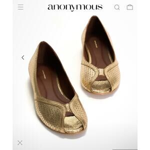 Anonymous Copenhagen Tiffy Peep Toe Flats Comfort Goat Leather Gold Bridal Sz 41